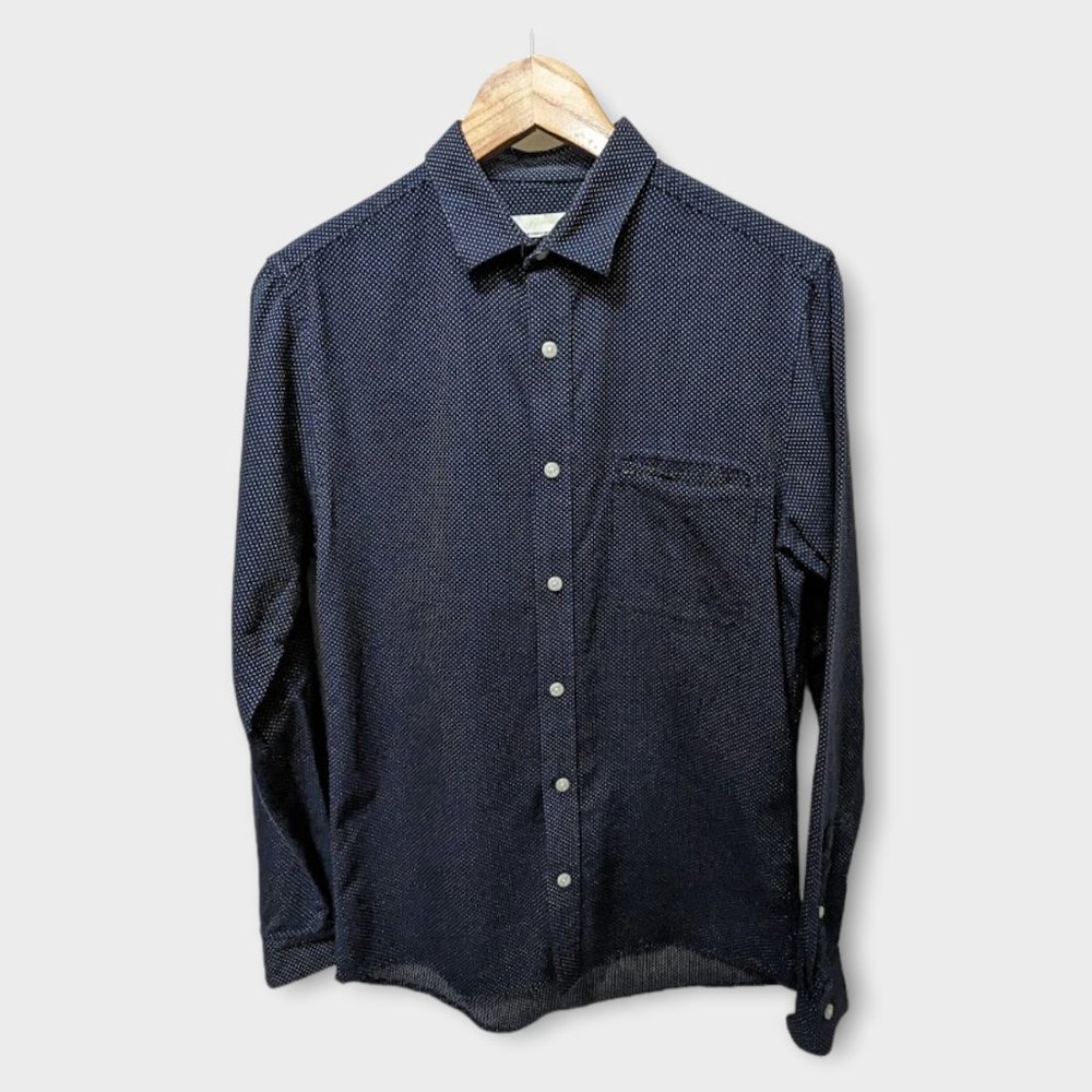 TOPMAN Long Sleeve Navy Blue Button Down Pocket Front Dotted Casual Mens Shirt